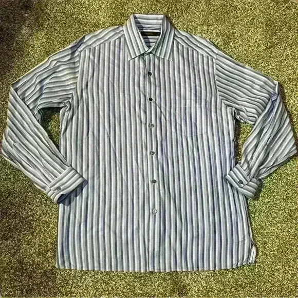 Ermenegildo Zegna Shirt Men's XL Blue/White Long Sleeve Striped Button Down - Picture 1 of 11